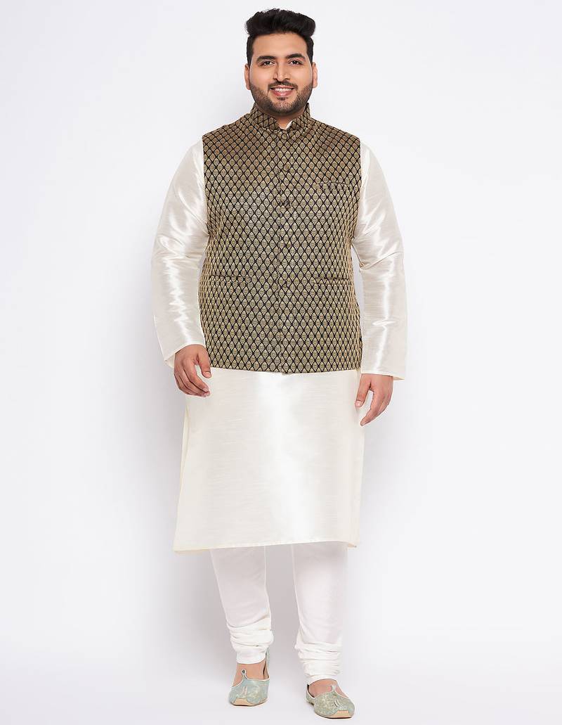 Plus cream silk blend jacket kurta pyjama set