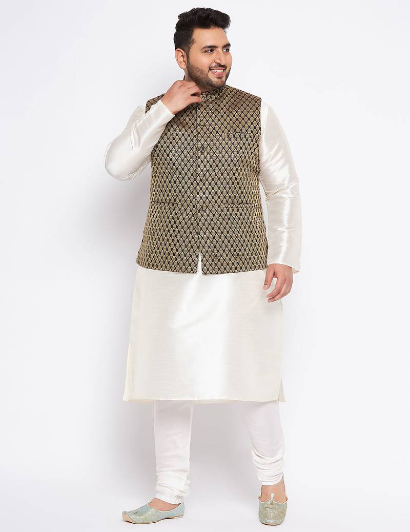 Plus cream silk blend jacket kurta pyjama set