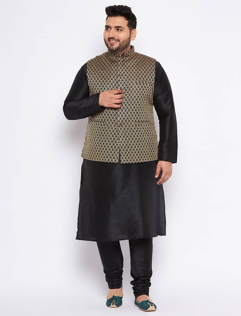 Plus black silk blend jacket kurta pyjama set