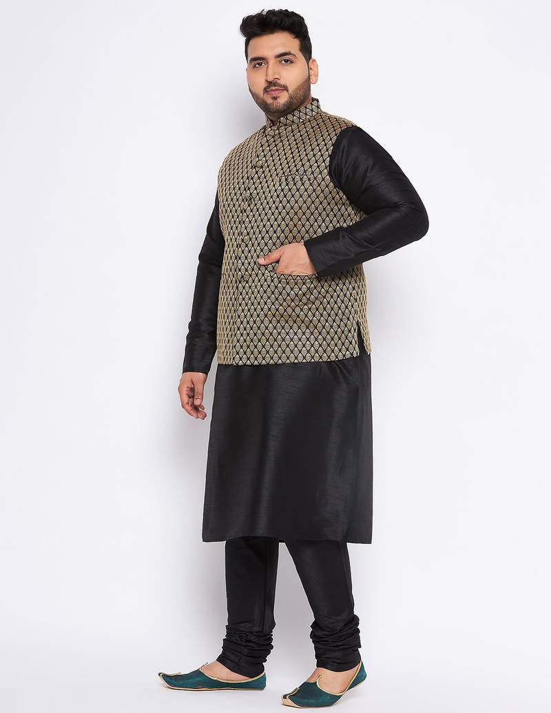 Plus black silk blend jacket kurta pyjama set