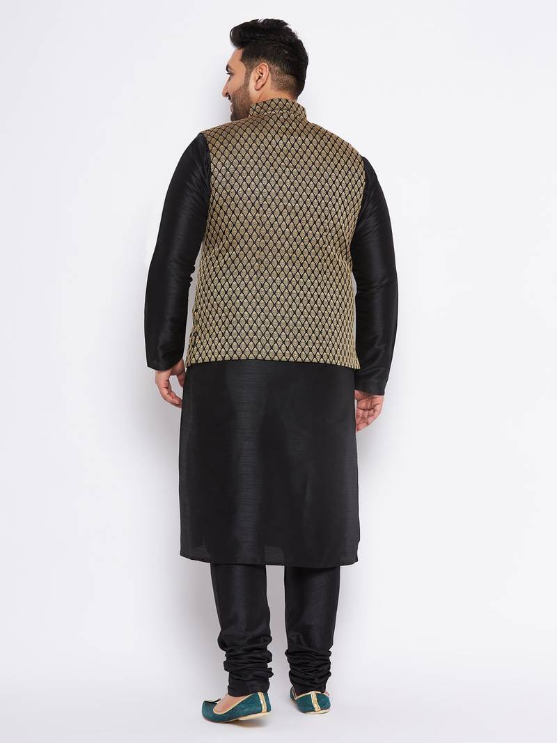 Plus black silk blend jacket kurta pyjama set