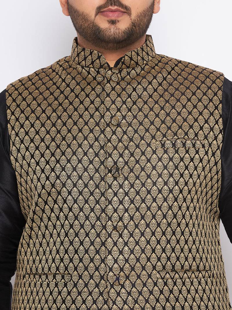 Plus black silk blend jacket kurta pyjama set