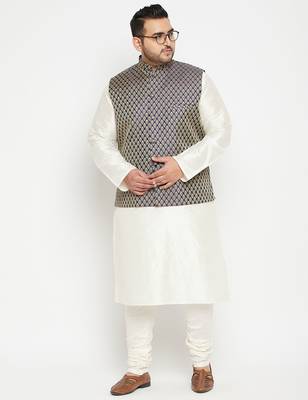 cream, blue and white silk blend jacket kurta pyjama set 1