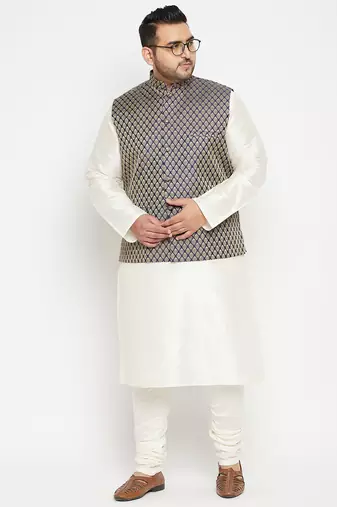 Plus cream, blue and white silk blend jacket kurta pyjama set