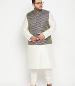 cream, blue and white silk blend jacket kurta pyjama set