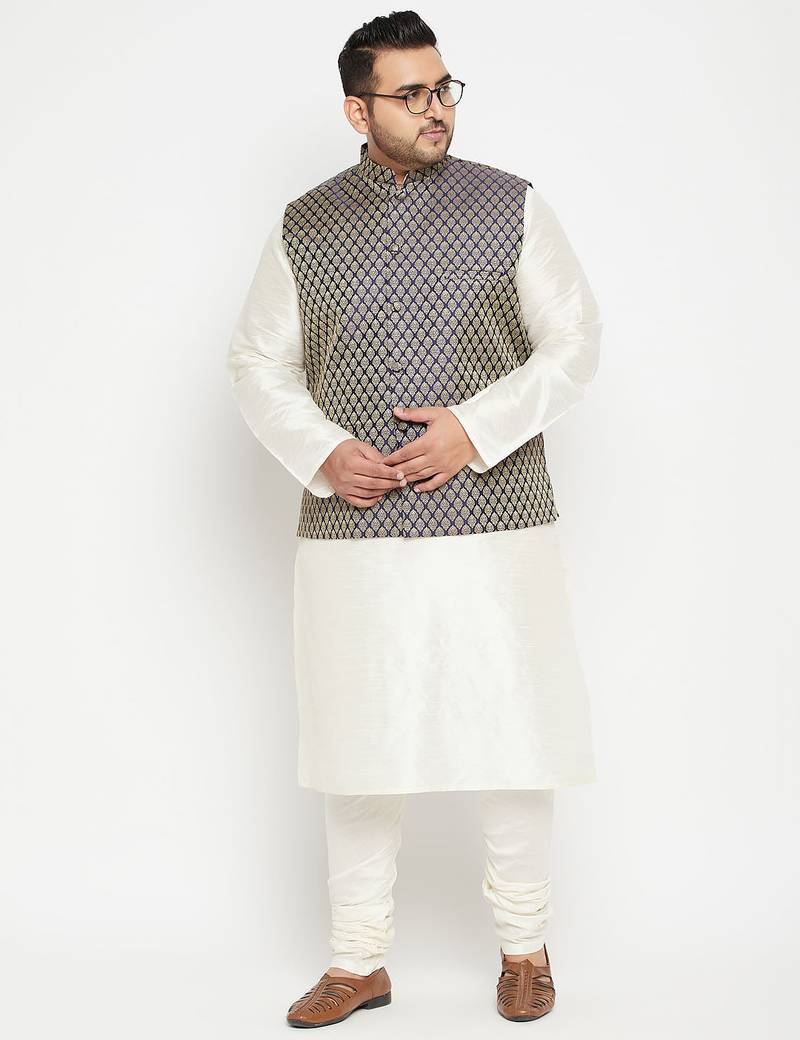 Plus cream, blue and white silk blend jacket kurta pyjama set