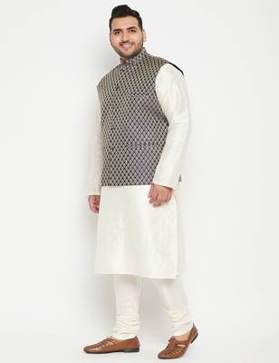 cream, blue and white silk blend jacket kurta pyjama set 2