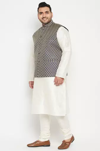 cream, blue and white silk blend jacket kurta pyjama set