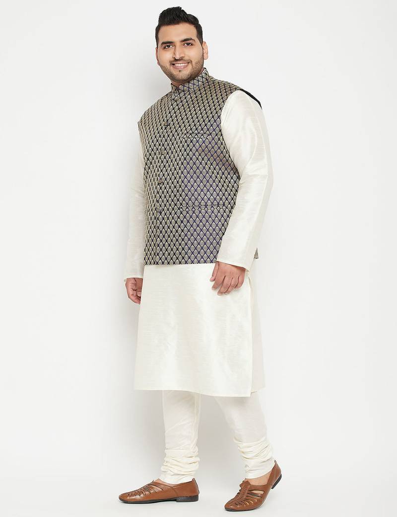 Plus cream, blue and white silk blend jacket kurta pyjama set