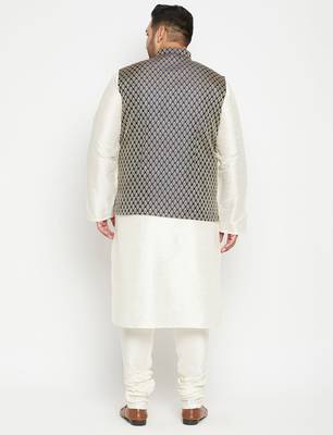 cream, blue and white silk blend jacket kurta pyjama set 3