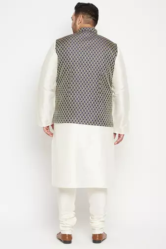 cream, blue and white silk blend jacket kurta pyjama set