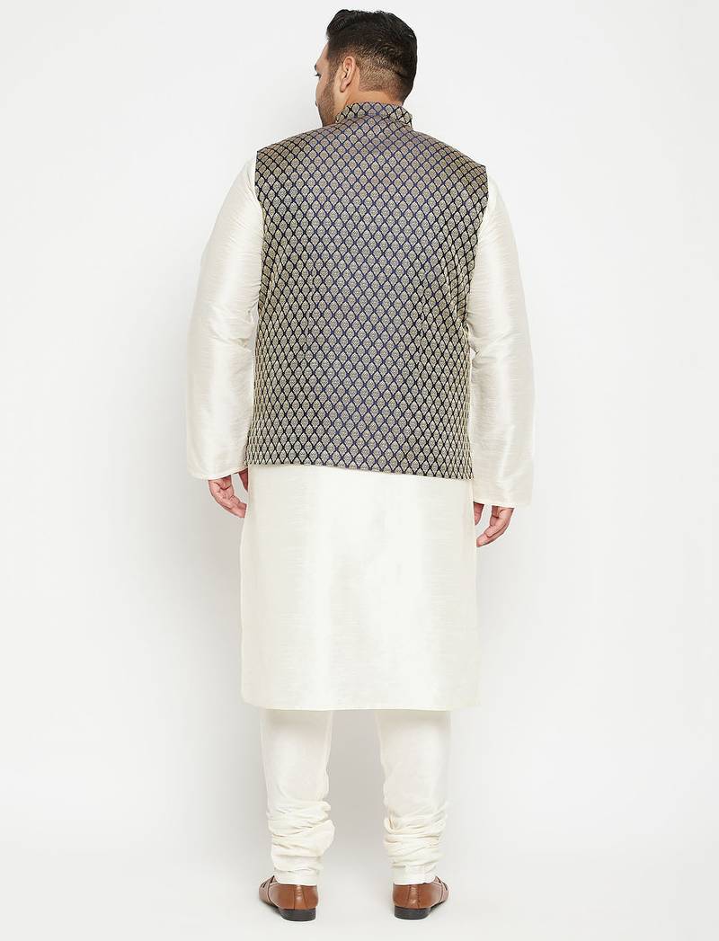 Plus cream, blue and white silk blend jacket kurta pyjama set