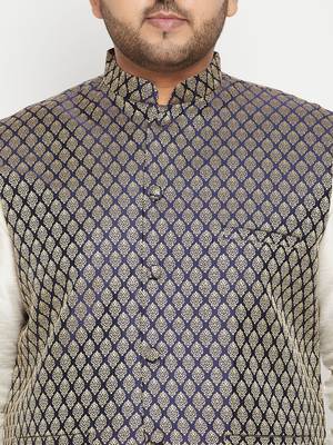 cream, blue and white silk blend jacket kurta pyjama set 4