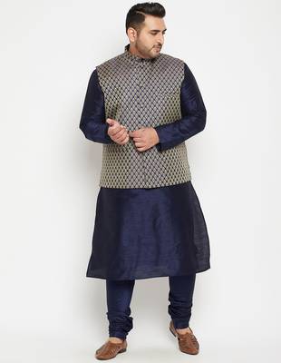 navy blue, blue and white silk blend jacket kurta pyjama set 1
