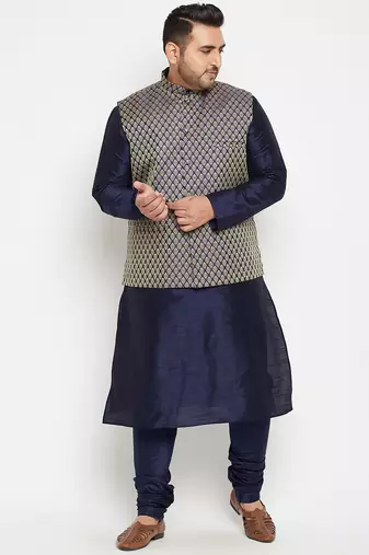 Plus navy blue, blue and white silk blend jacket kurta pyjama set