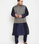 navy blue, blue and white silk blend jacket kurta pyjama set