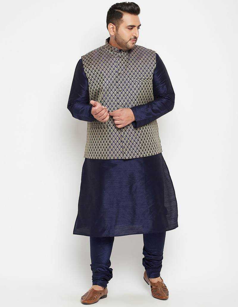 Plus navy blue, blue and white silk blend jacket kurta pyjama set