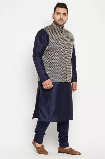 navy blue, blue and white silk blend jacket kurta pyjama set