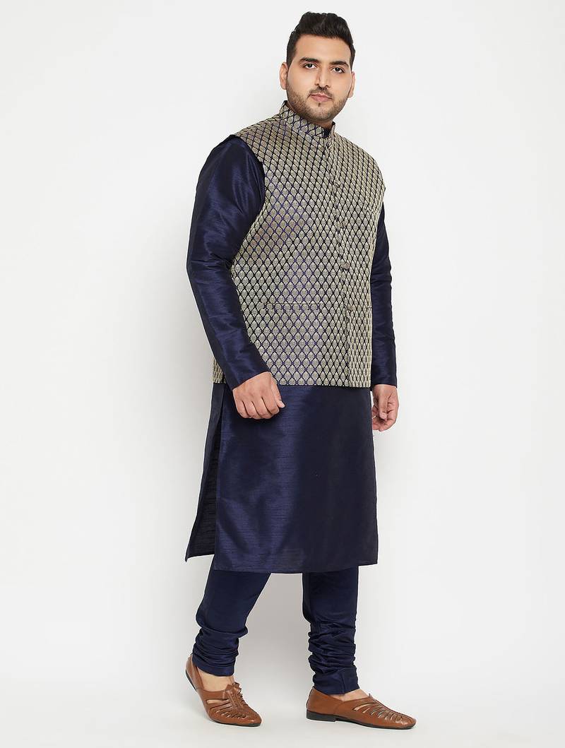 Plus navy blue, blue and white silk blend jacket kurta pyjama set