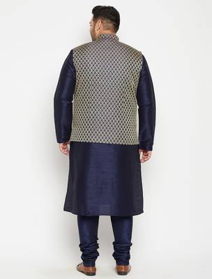 navy blue, blue and white silk blend jacket kurta pyjama set 3