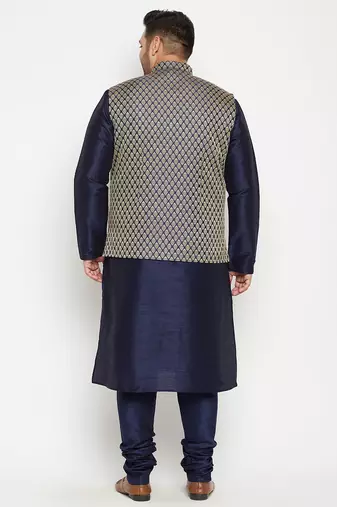 navy blue, blue and white silk blend jacket kurta pyjama set