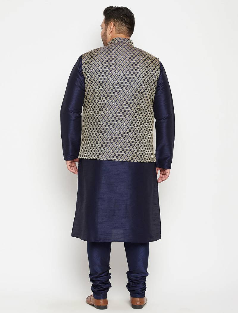 Plus navy blue, blue and white silk blend jacket kurta pyjama set