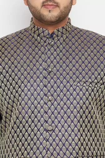 navy blue, blue and white silk blend jacket kurta pyjama set