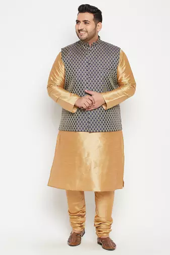 Plus rose gold, blue and white silk blend jacket kurta pyjama set