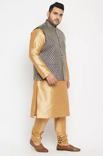 rose gold, blue and white silk blend jacket kurta pyjama set
