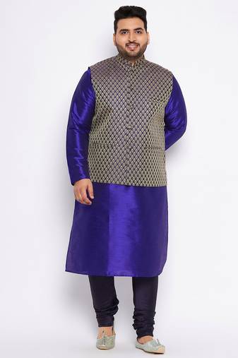 navy blue silk blend jacket kurta pyjama set
