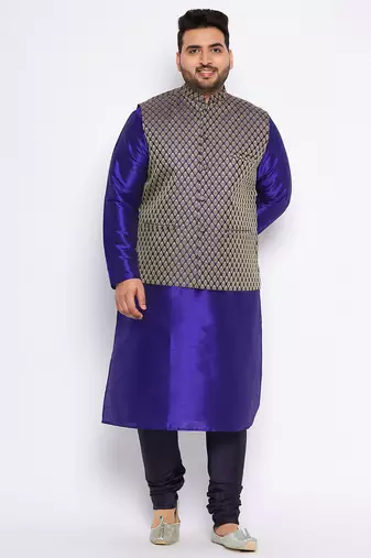 Plus navy blue silk blend jacket kurta pyjama set