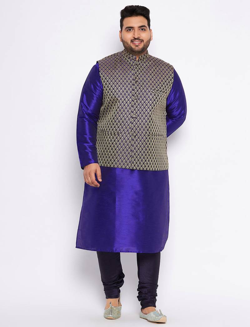 Plus navy blue silk blend jacket kurta pyjama set