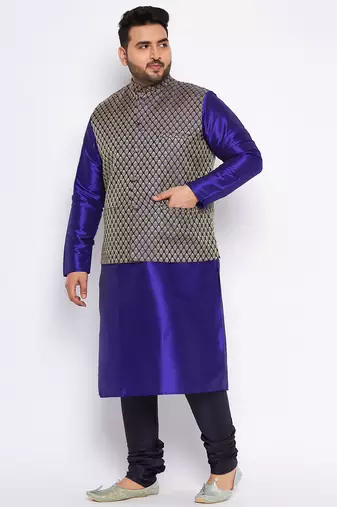 navy blue silk blend jacket kurta pyjama set