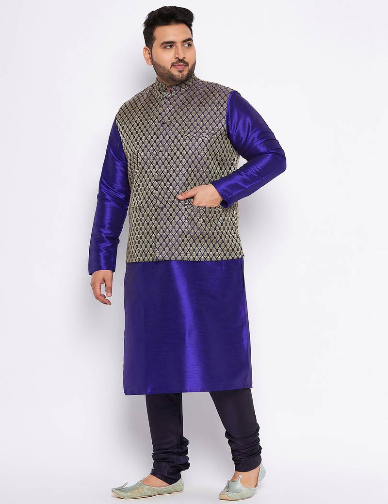 Plus navy blue silk blend jacket kurta pyjama set