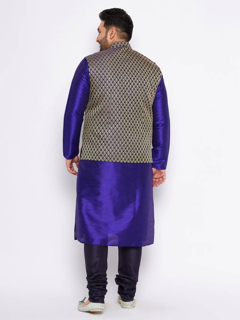 Plus navy blue silk blend jacket kurta pyjama set