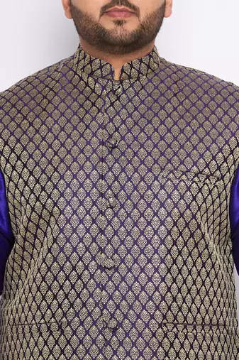 navy blue silk blend jacket kurta pyjama set