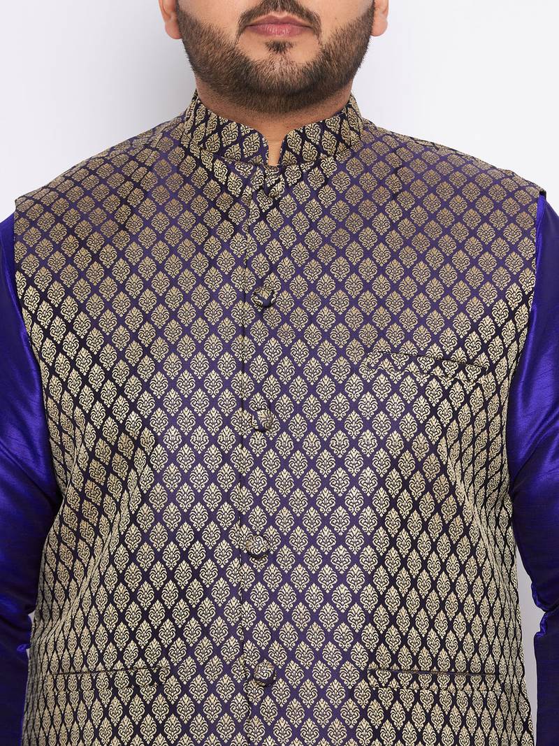 Plus navy blue silk blend jacket kurta pyjama set