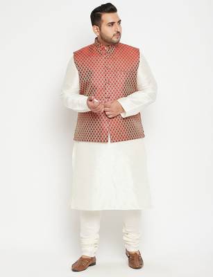 cream, maroon and white silk blend jacket kurta pyjama set 1
