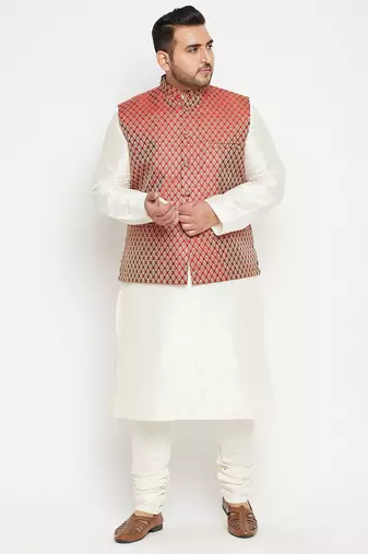 Plus cream, maroon and white silk blend jacket kurta pyjama set
