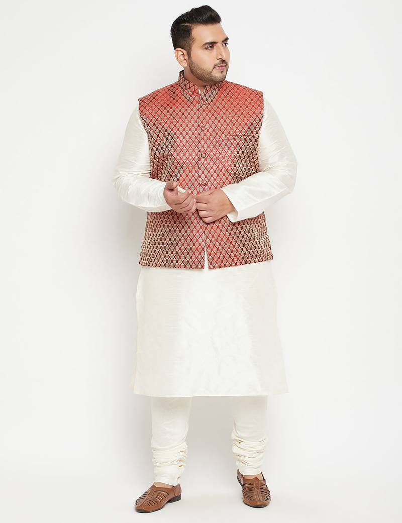 Plus cream, maroon and white silk blend jacket kurta pyjama set