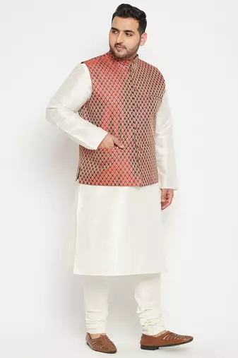cream, maroon and white silk blend jacket kurta pyjama set