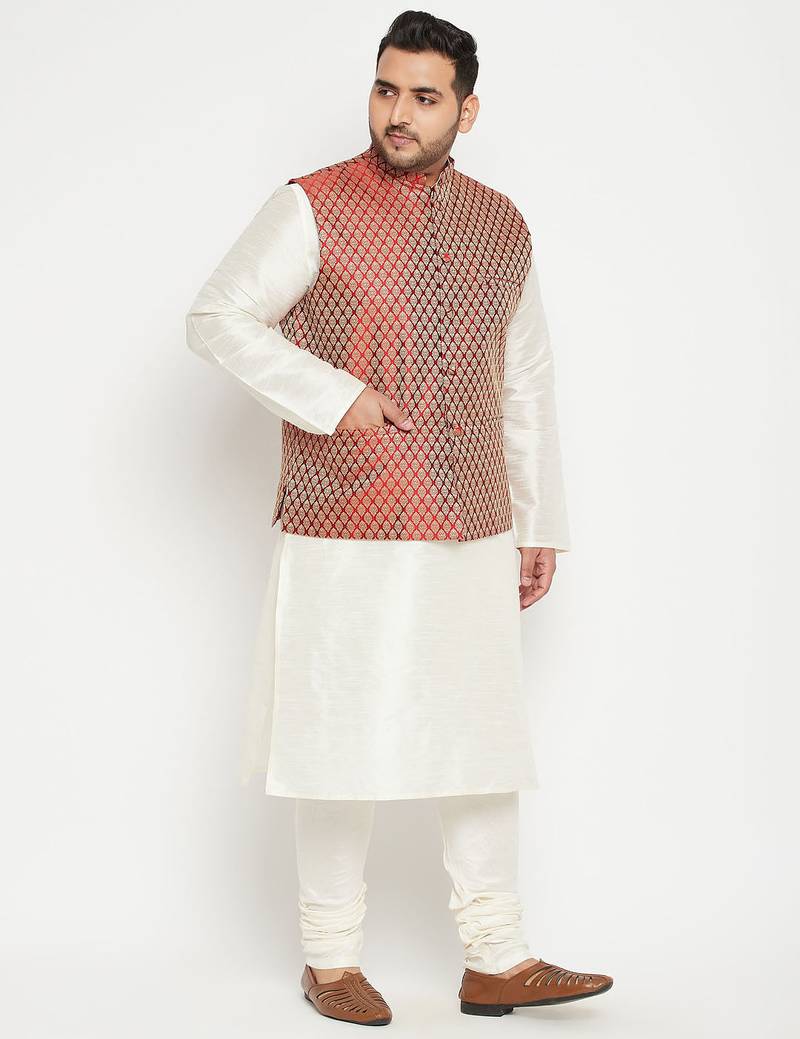 Plus cream, maroon and white silk blend jacket kurta pyjama set