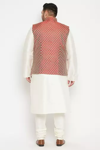 cream, maroon and white silk blend jacket kurta pyjama set