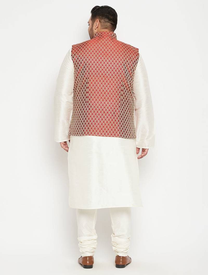 Plus cream, maroon and white silk blend jacket kurta pyjama set