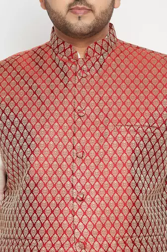 cream, maroon and white silk blend jacket kurta pyjama set
