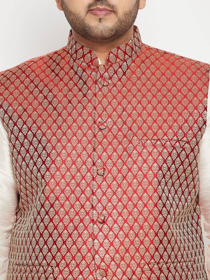 Plus cream, maroon and white silk blend jacket kurta pyjama set