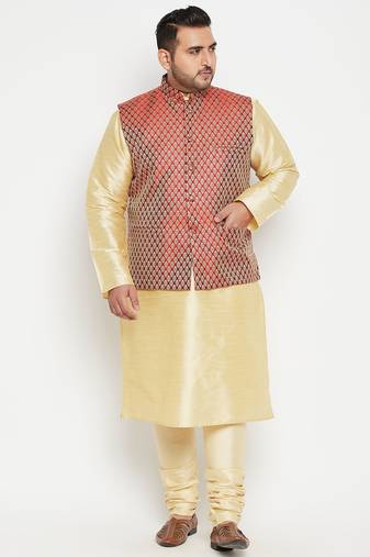 gold, maroon and white silk blend jacket kurta pyjama set