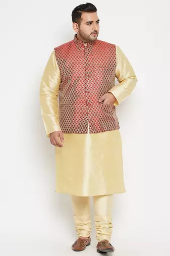 Plus gold, maroon and white silk blend jacket kurta pyjama set