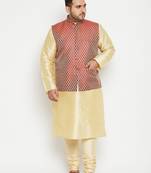 gold, maroon and white silk blend jacket kurta pyjama set