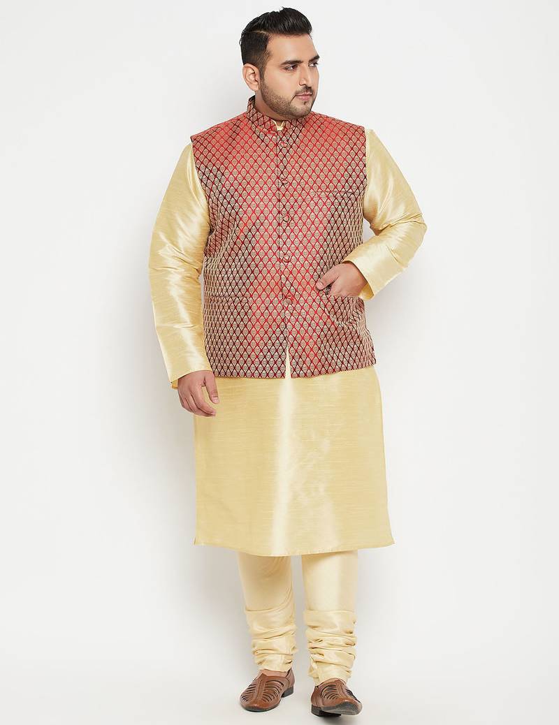Plus gold, maroon and white silk blend jacket kurta pyjama set